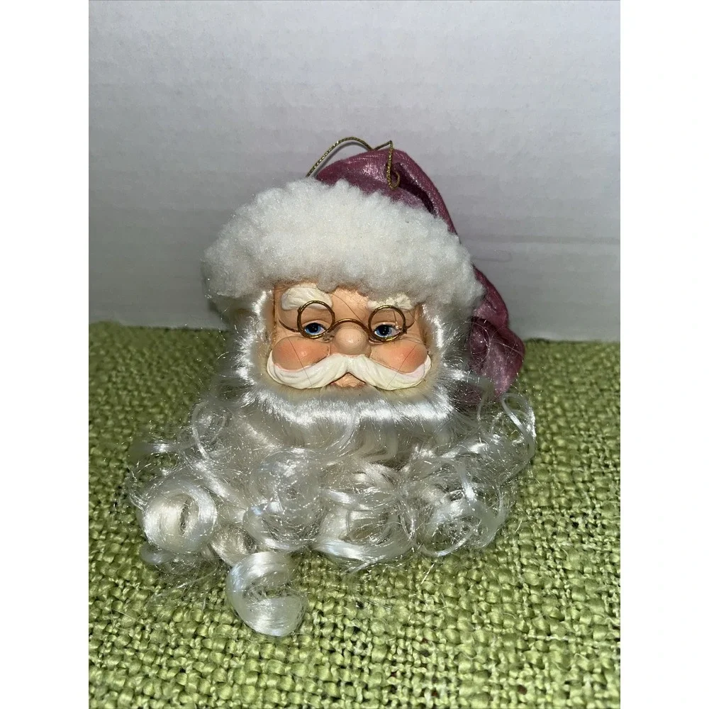 vtg Santa Face Head sitting‎ ornament Long White Beard & Pink Velvet Hat Glasses